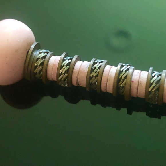 VTG Pastel Pink Ceramic Beads Bronze Spacers Beaded Boho Leather Cord Necklace - Picture 5 of 8